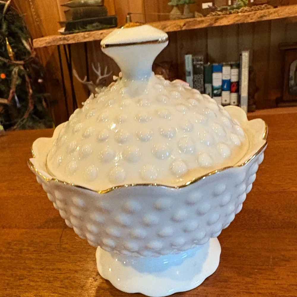 Lefton China Hobnail Milk Glass Hand Painted Rose Trinket Jewelry Box 1192
